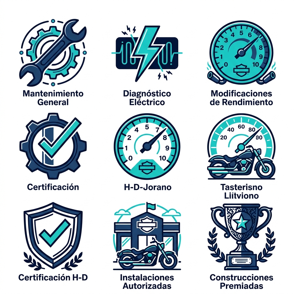 Conjunto de seis iconos que representan los servicios principales de reparación de motocicletas Harley en estilo de contorno verde azulado y azul oscuro.