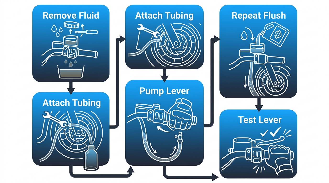 Step-by-step Harley Davidson brake fluid flush process diagram showing five stages: removing old fluid, attaching tubing, pumping lever, repeating flush, and testing lever.