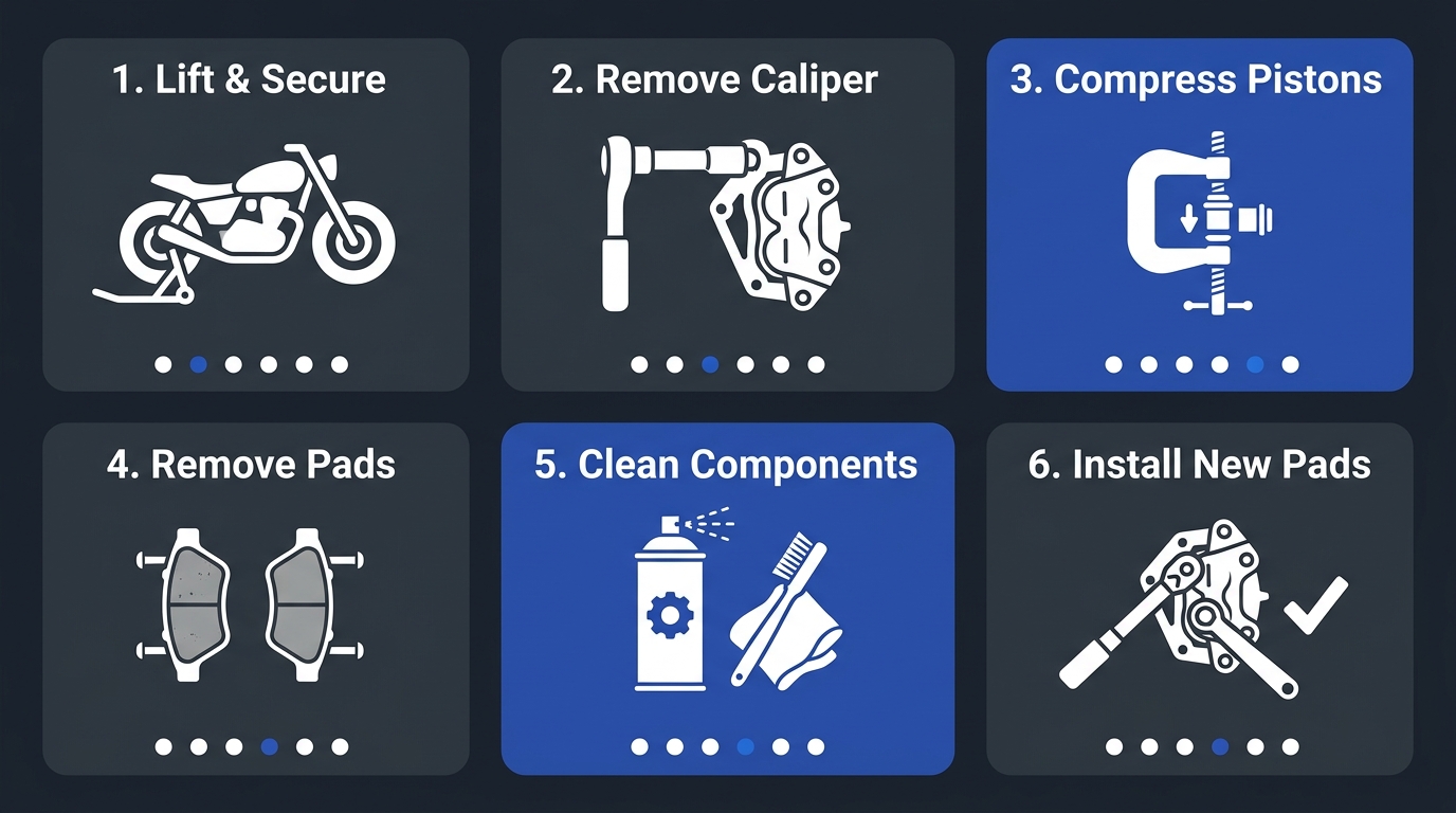 Step-by-step process flow illustrating Harley Davidson brake pad replacement across six connected stages with blue and gray color scheme