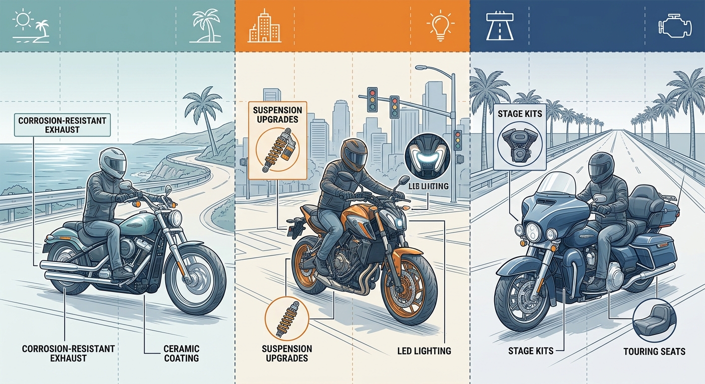 Comparison infographic of recommended Harley-Davidson Fat Boy upgrades for coastal, urban, and highway riding conditions in South Florida.