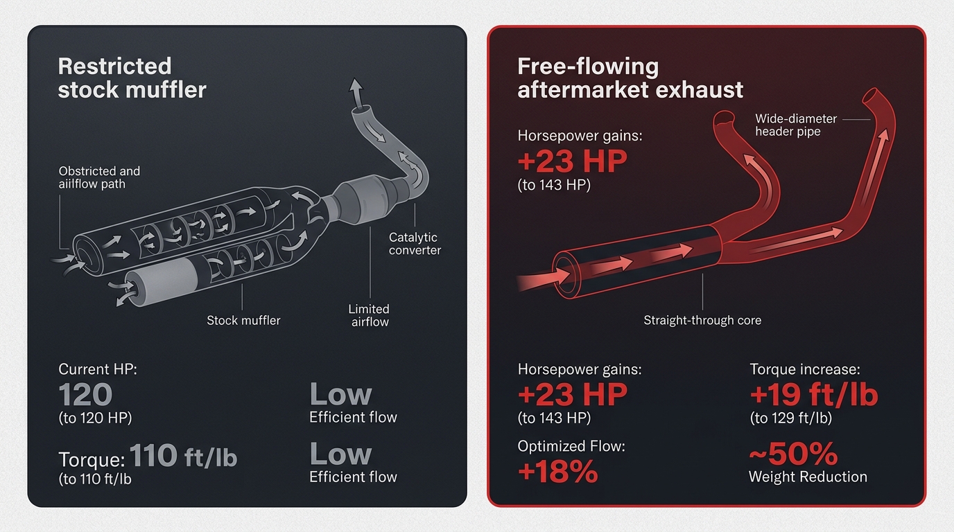 Side-by-side comparison of stock versus upgraded Harley Davidson motorcycle exhaust systems showing performance gains.
