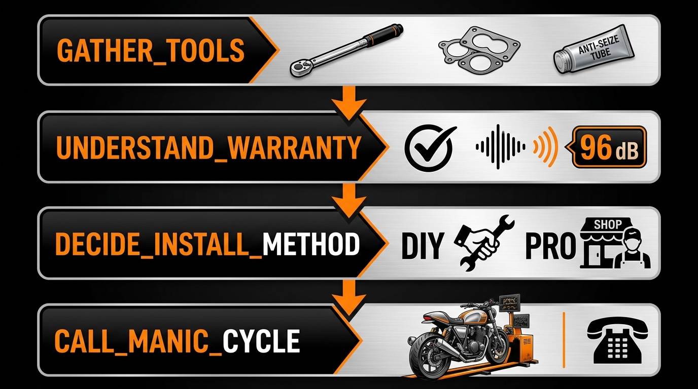 Vertical flowchart showing the 4 steps needed before upgrading a Harley Davidson exhaust system, from gathering tools to deciding on professional installation at Manic Cycle.