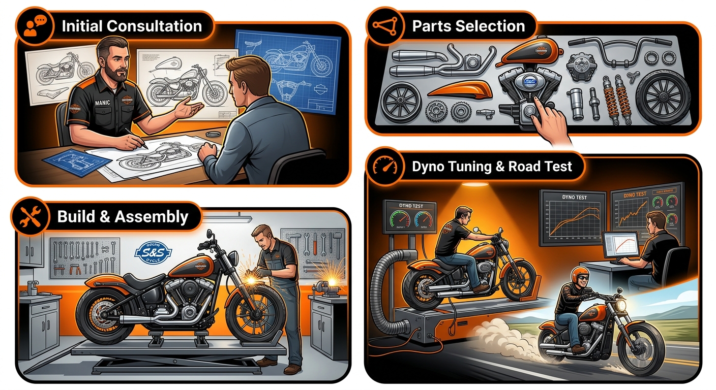 Vertical four-step custom Harley build process flow illustration from Manic Cycle