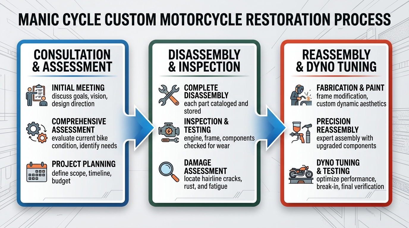 Three phase horizontal process flow diagram for custom motorcycle restoration, showing consultation, disassembly, and reassembly stages connected by blue gradient arrows.