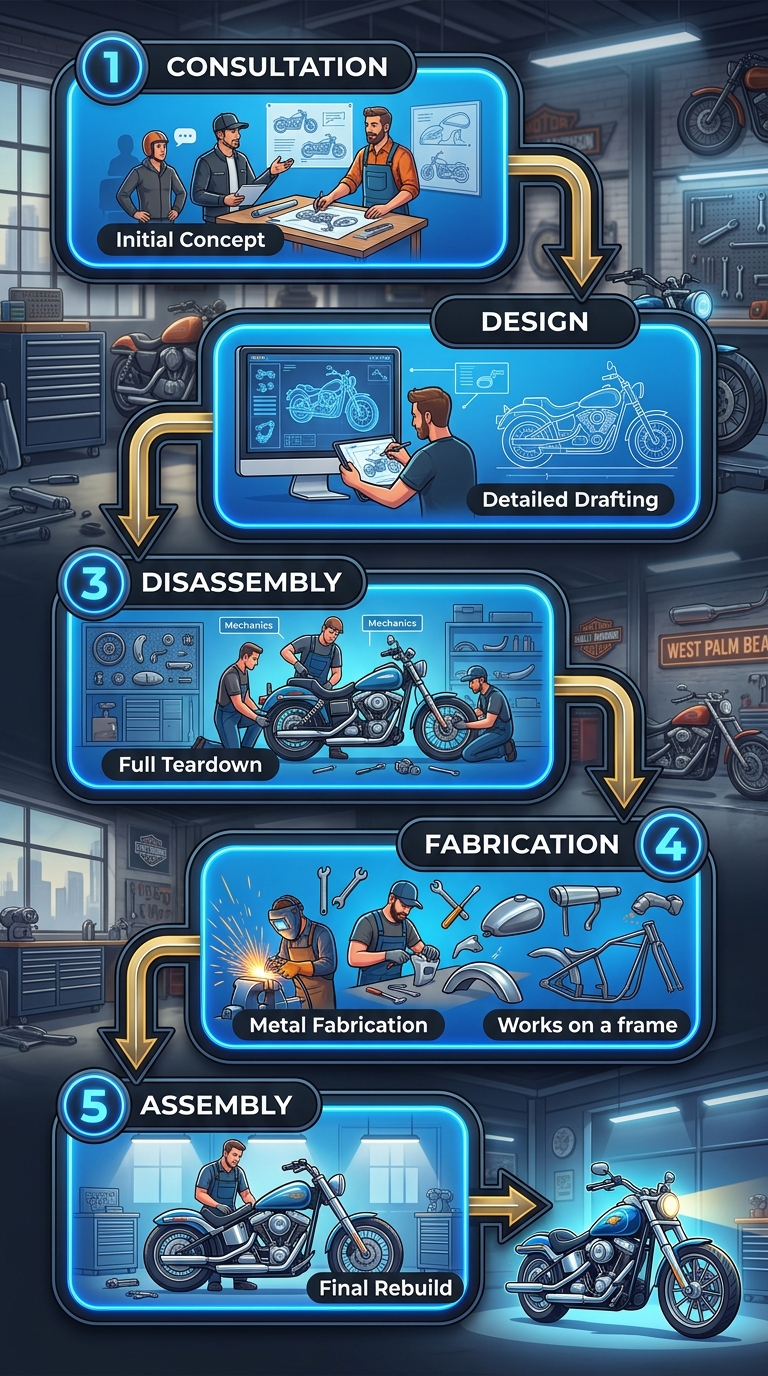 Five-stage vertical process flow showing a custom motorcycle build from consultation to assembly, with connected stages and minimal labels.