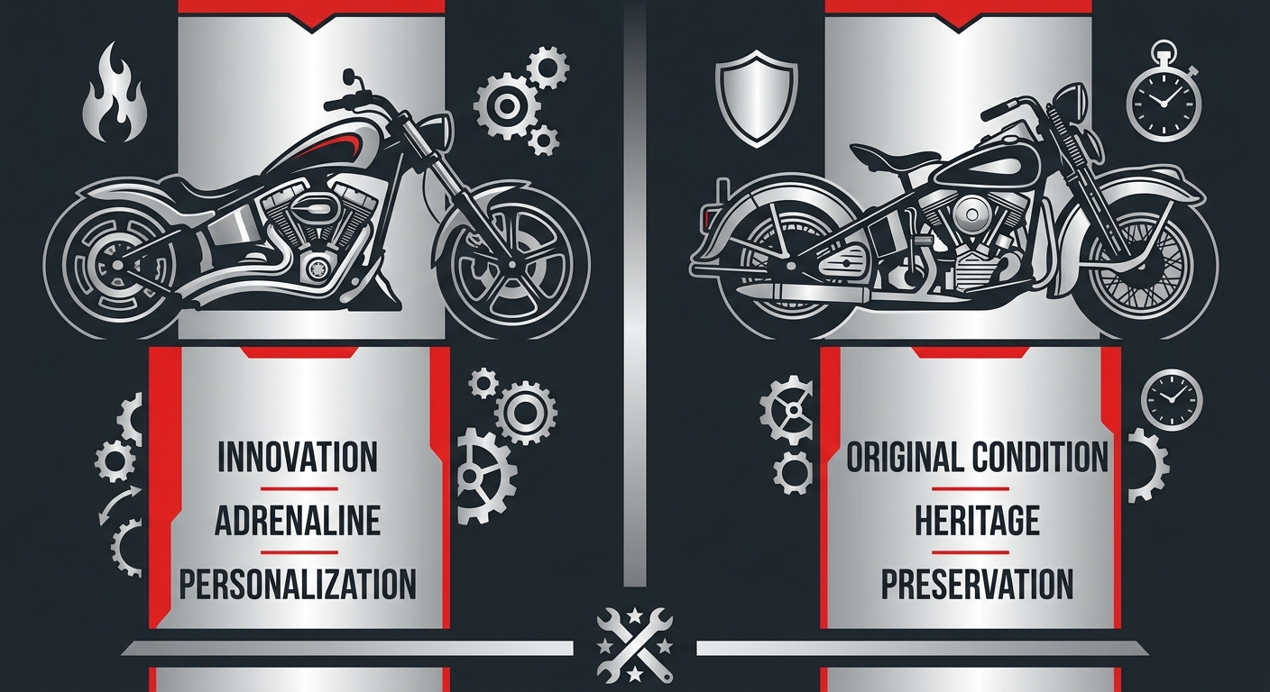 Visual comparison showing a custom motorcycle build side versus a classic restoration, divided by a glowing column, demonstrating expertise in both modification and preservation.