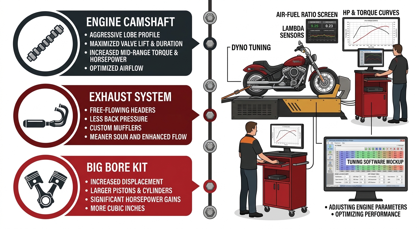 Infographic showing Harley Davidson performance modifications like cam upgrades and exhaust systems on the left, and dyno tuning with a motorcycle on a dynamometer showing power curves on the right.