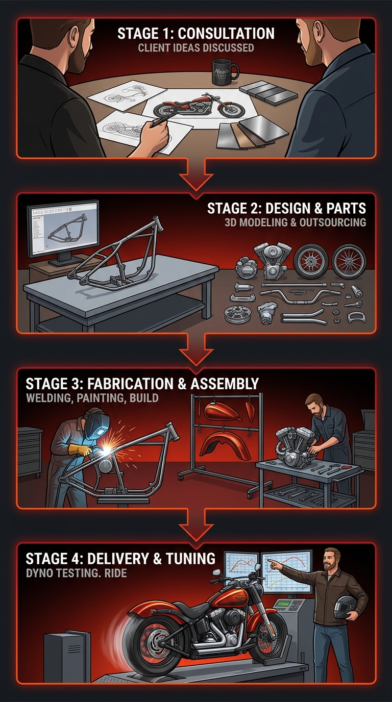 A four-stage vertical process flow diagram illustrating a custom Harley-Davidson motorcycle build journey, from initial consultation to final delivery and tuning.