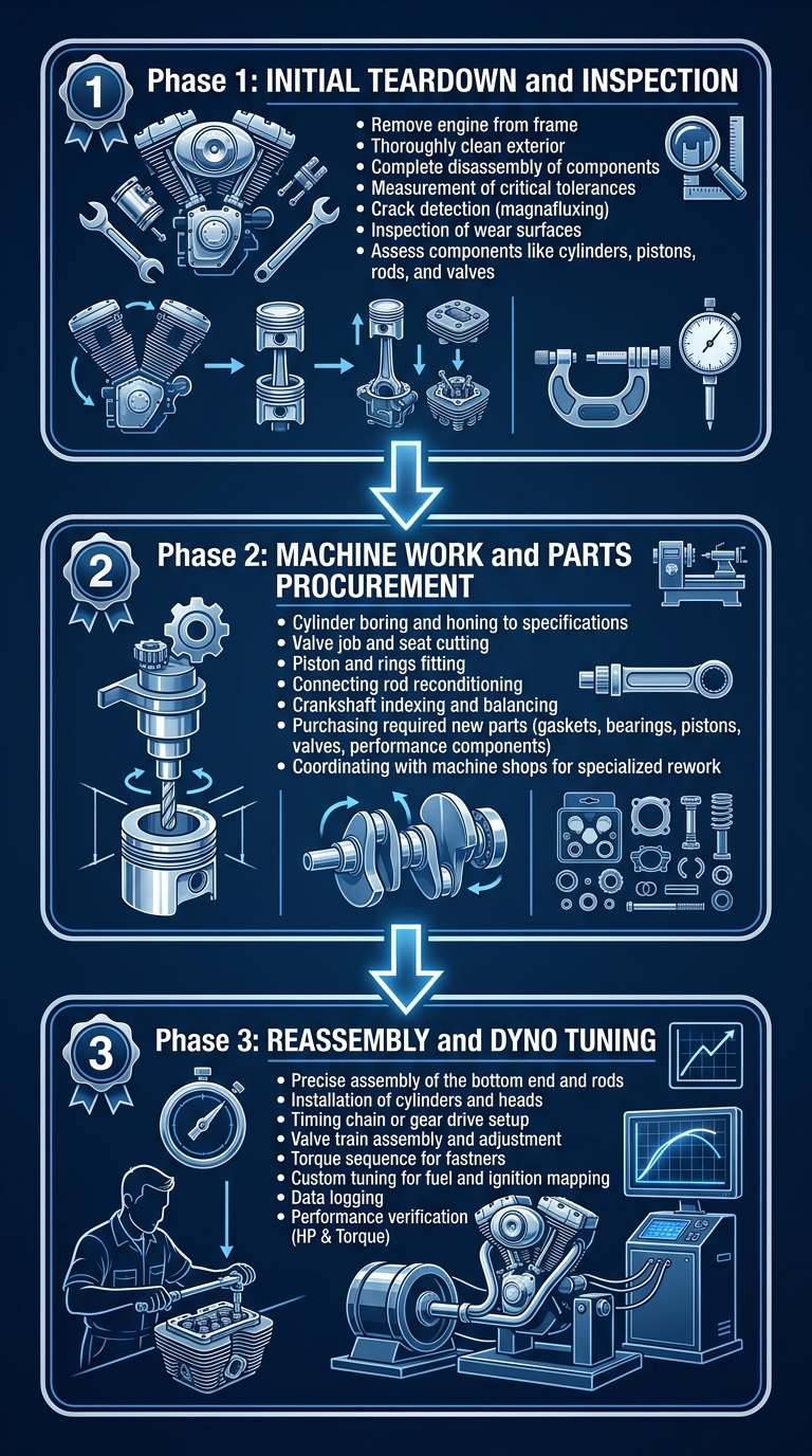 Vertical three-phase Harley-Davidson engine rebuild process showing teardown and inspection, machine work and parts procurement, and reassembly and dyno tuning in blueprint style with icons and downward arrows.