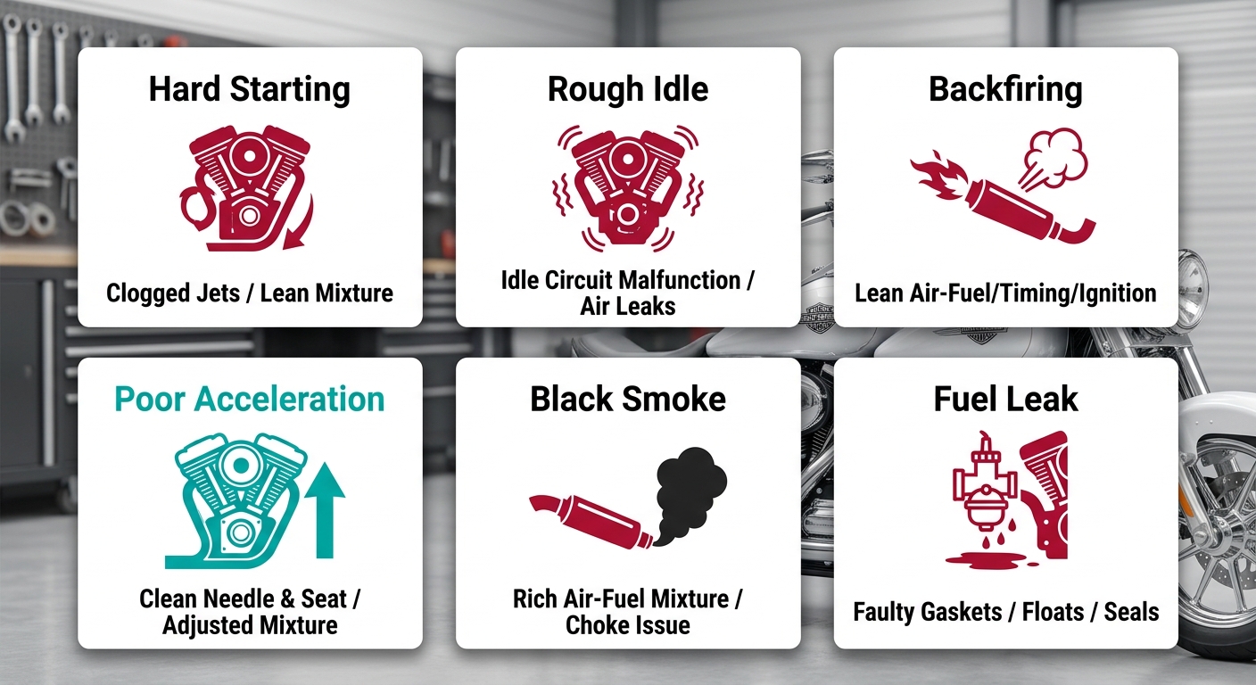 Diagnose common carburetor symptoms for Harley Davidson motorcycles infographic