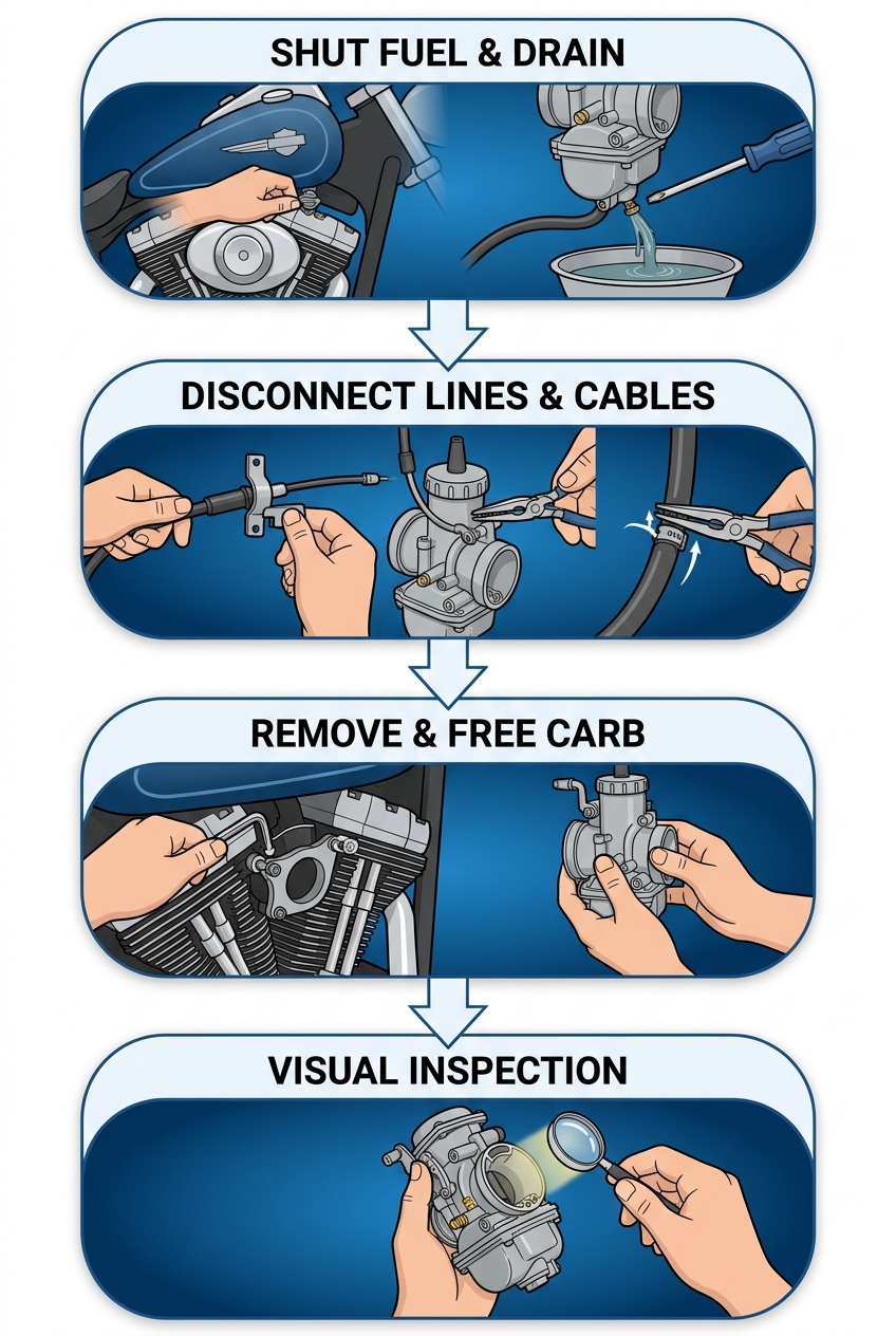 Step-by-step visual process for removing and inspecting a Harley-Davidson carburetor, illustrated in a vertical flow