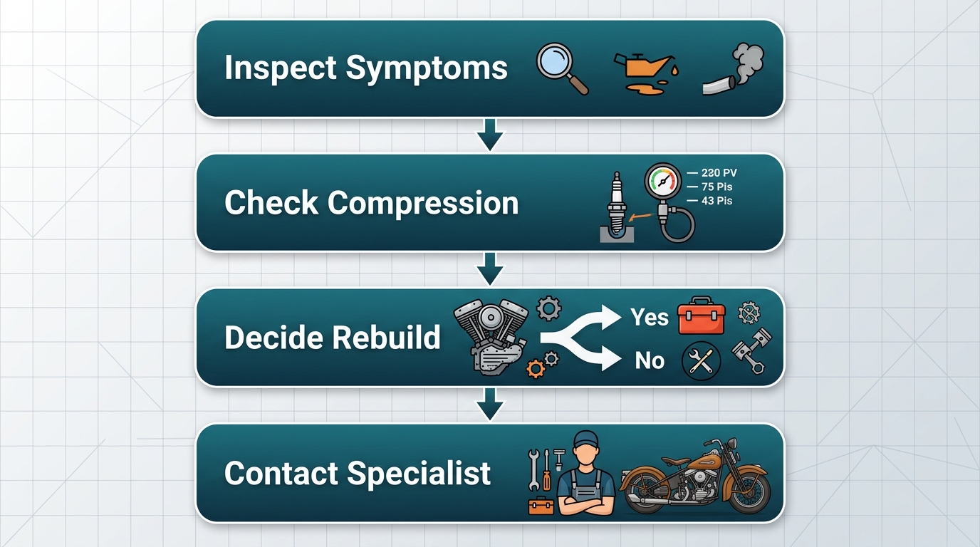 Vertical process flow diagram showing four steps for assessing a Panhead engine before rebuild, from inspection to specialist consultation.
