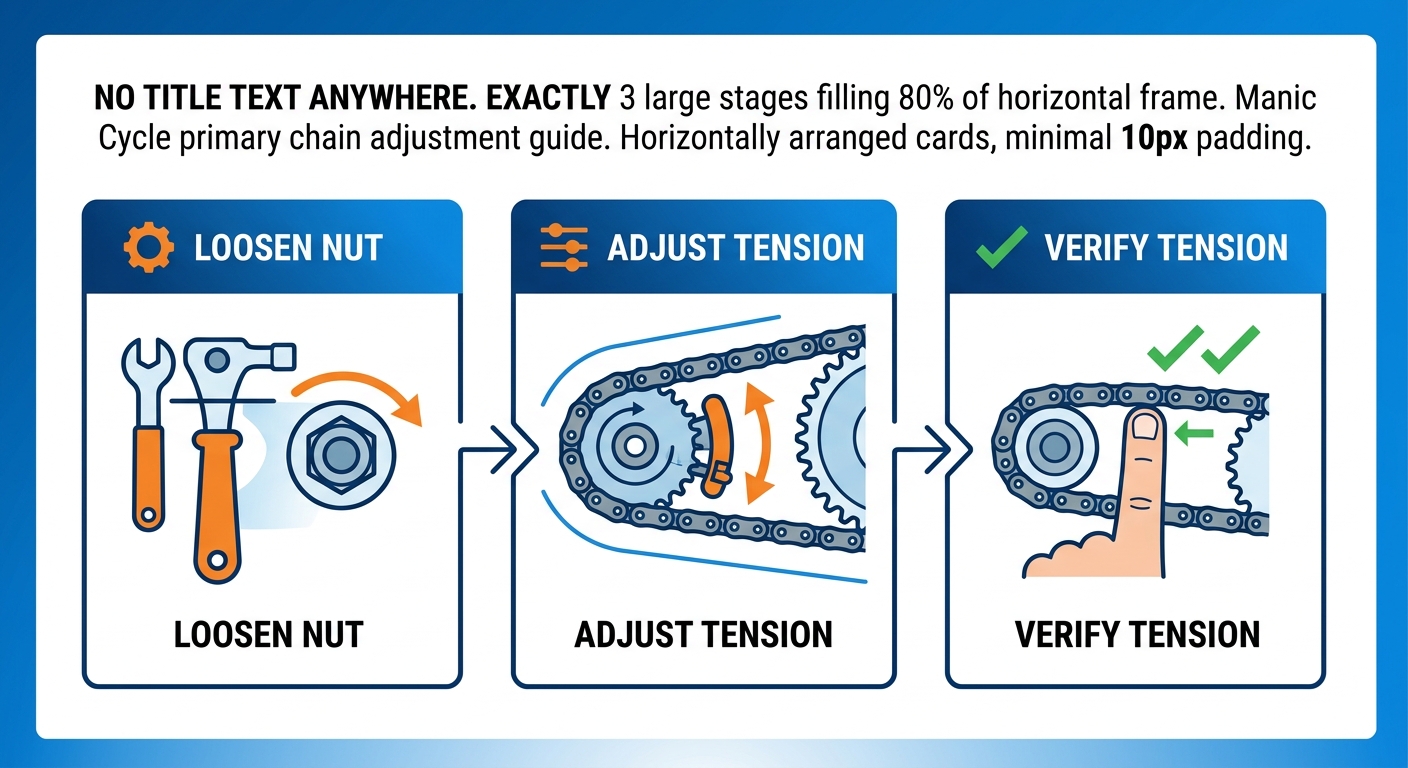 Three-step motorcycle primary chain adjustment process diagram