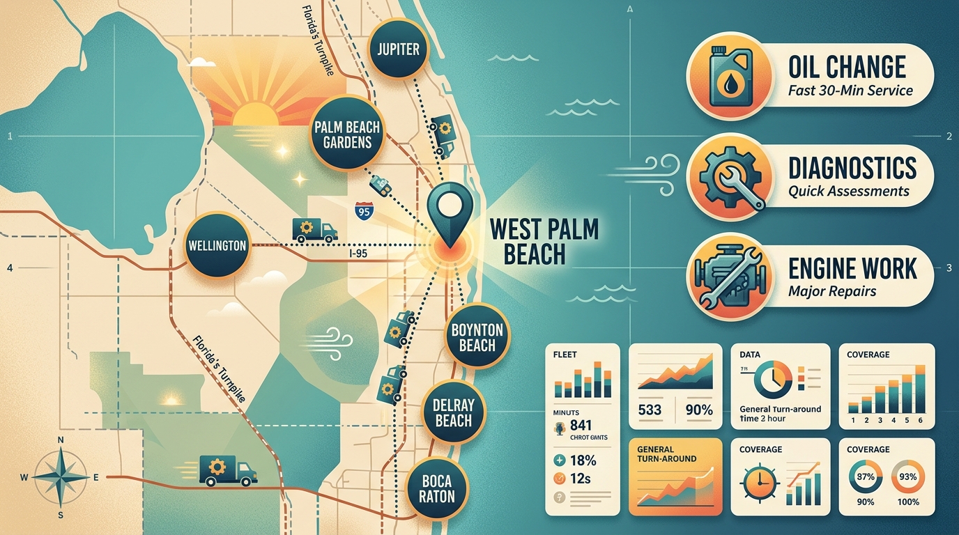 Infographic showing Manic Cycle's service area in Palm Beach County with stylized map and service icons.