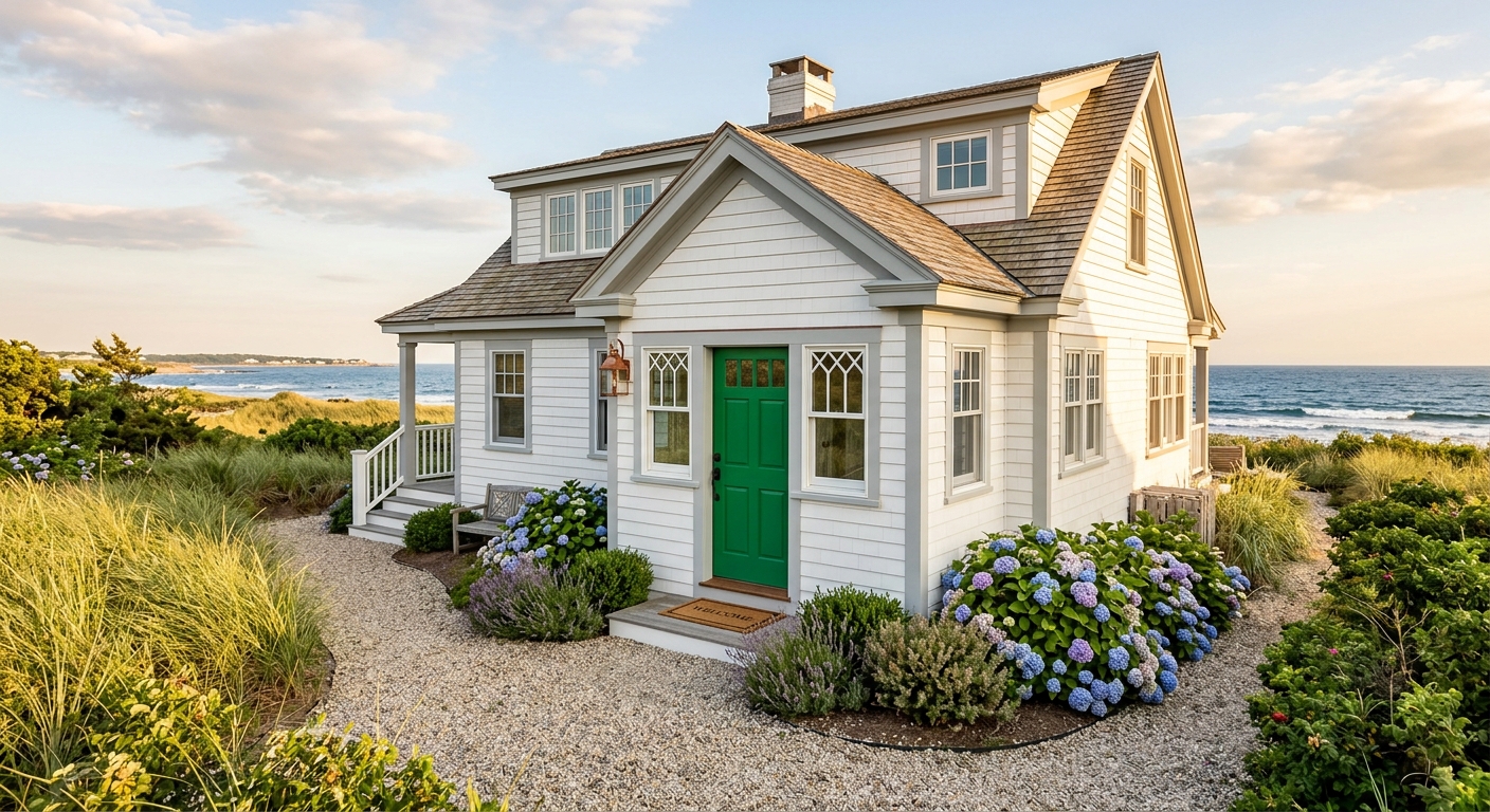 Coastal cottage with white shiplap siding and vibrant green door shaded by hydrangeas