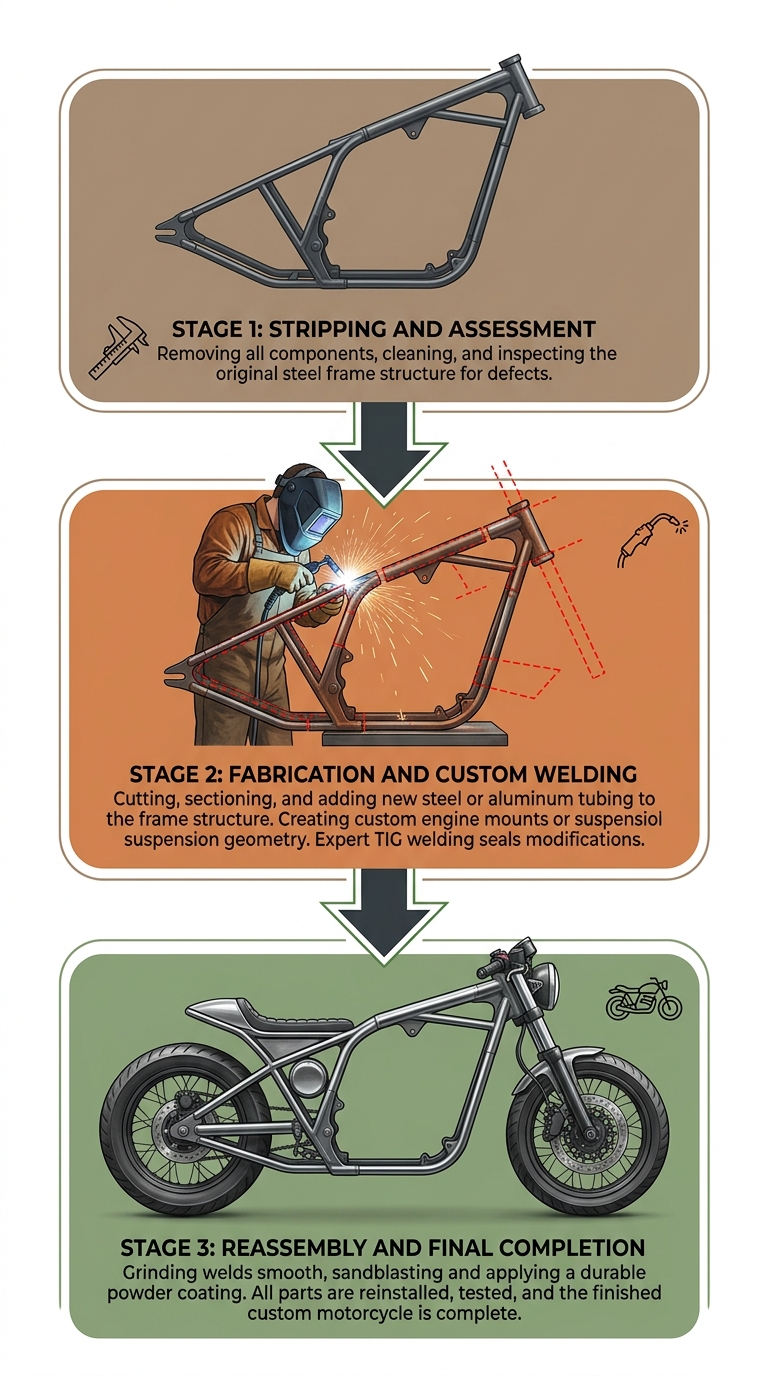 Process flow for a Florida bobber motorcycle build.