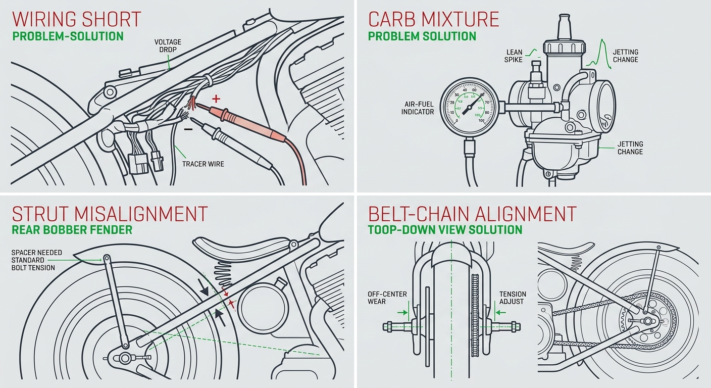 Infographic demonstrating troubleshooting techniques for custom bobber motorcycle builds.