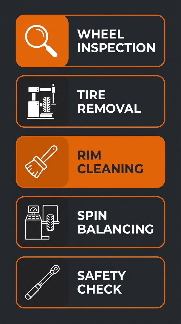 Five-stage Harley-Davidson tire mounting and balancing process diagram for Manic Cycle, featuring wheel inspection, tire removal, rim cleaning, spin balancing, and safety check stages.