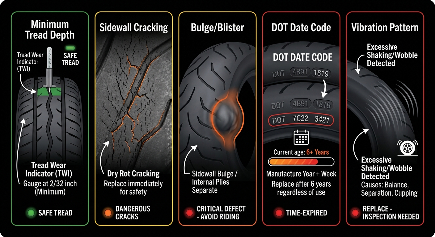 Infographic showing five visual indicators a Harley-Davidson needs new tires, color-coded from green to red and arranged on a dark background.