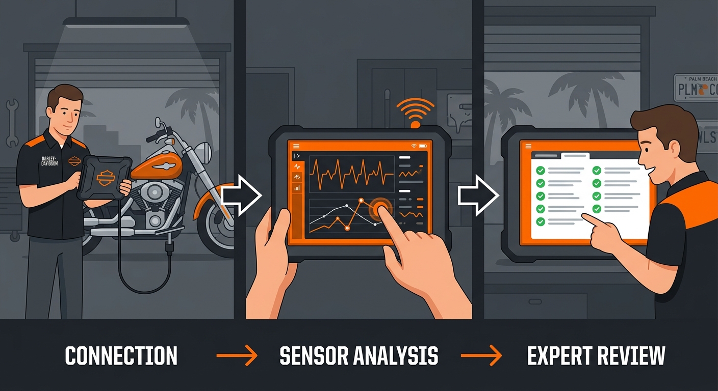 A three-stage process flow illustrating a professional Harley Davidson diagnostic scan: connection, sensor analysis, and expert review.