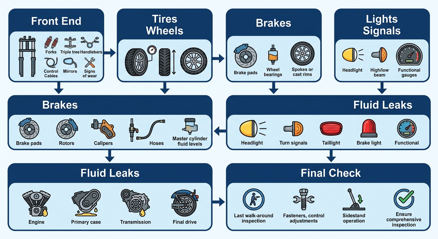 Six-step vertical process flow for a Harley Davidson motorcycle exterior inspection