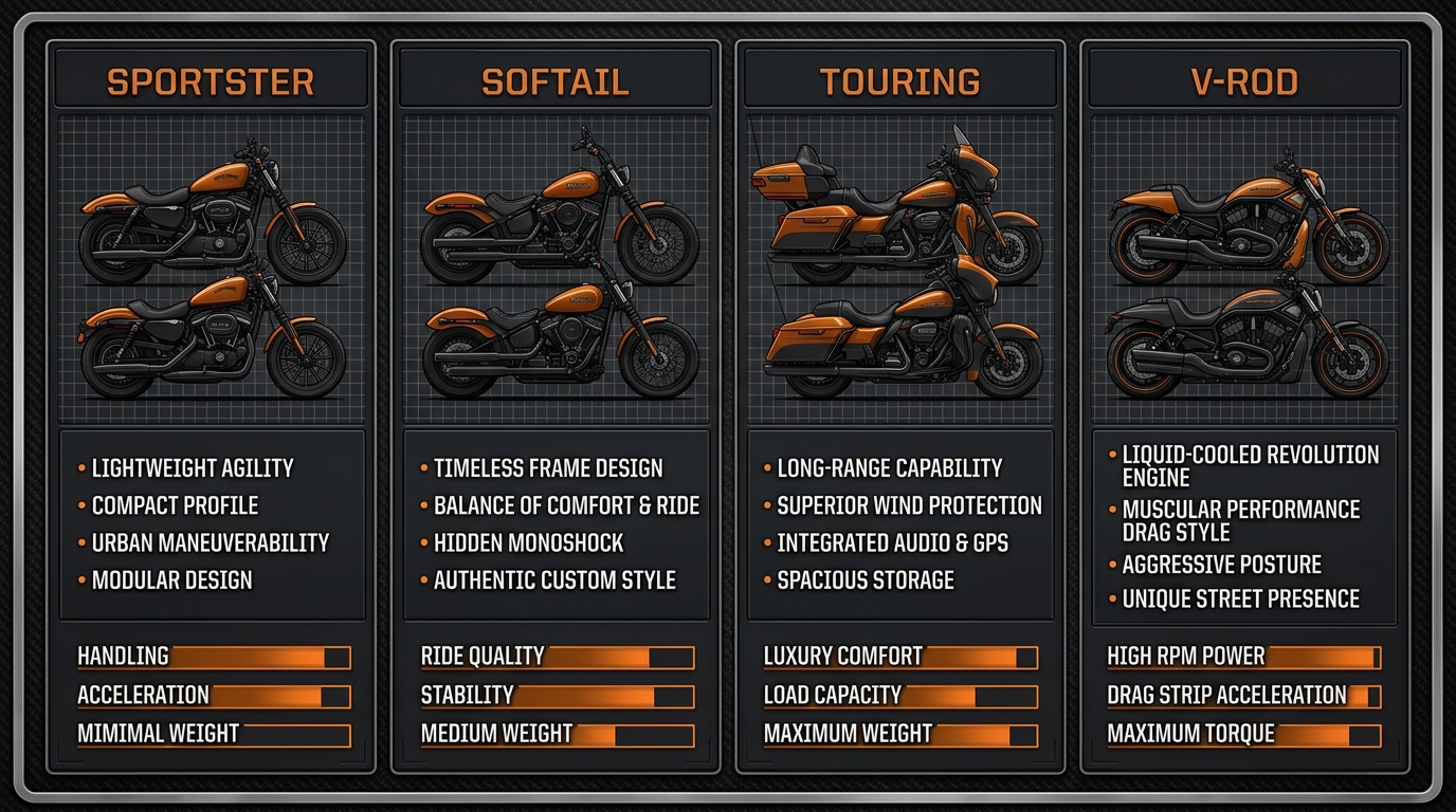 Infographic comparing Harley Davidson model families using visual service scales instead of numbers.