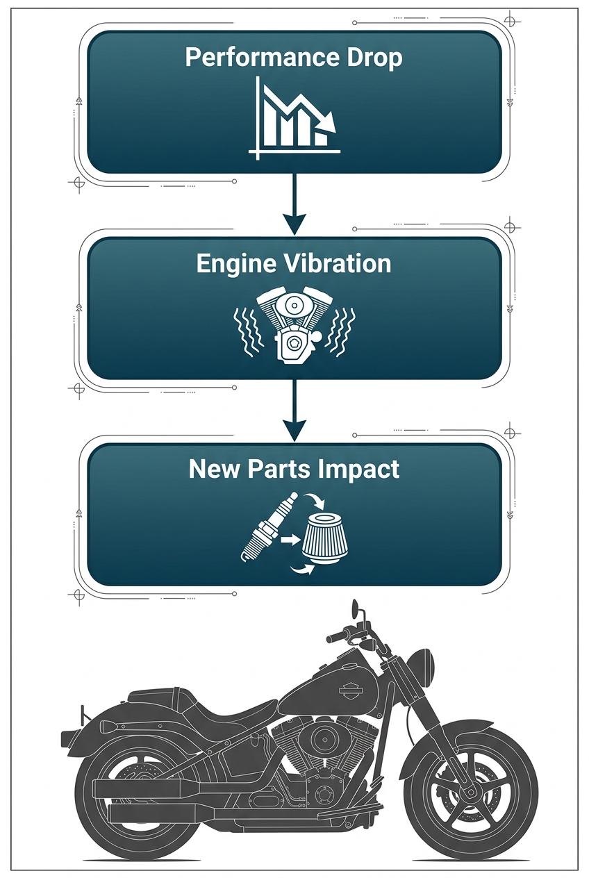 A vertical infographic illustrating three key diagnostic signs a Harley Davidson needs a tune-up, connected by arrows.