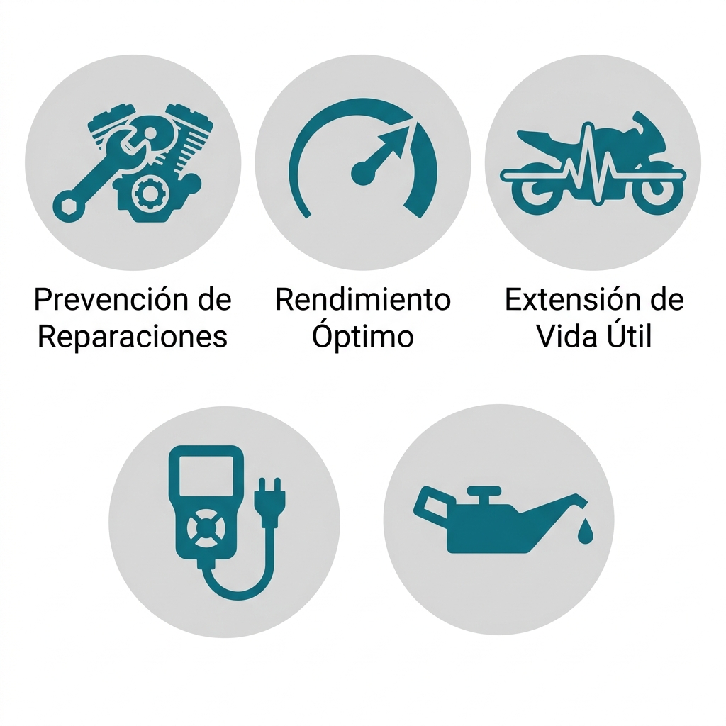 Un conjunto de tres íconos que representan los beneficios del mantenimiento proactivo de motocicletas, incluyendo la prevención de reparaciones costosas, la restauración del rendimiento máximo y la extensión de la vida útil del vehículo.