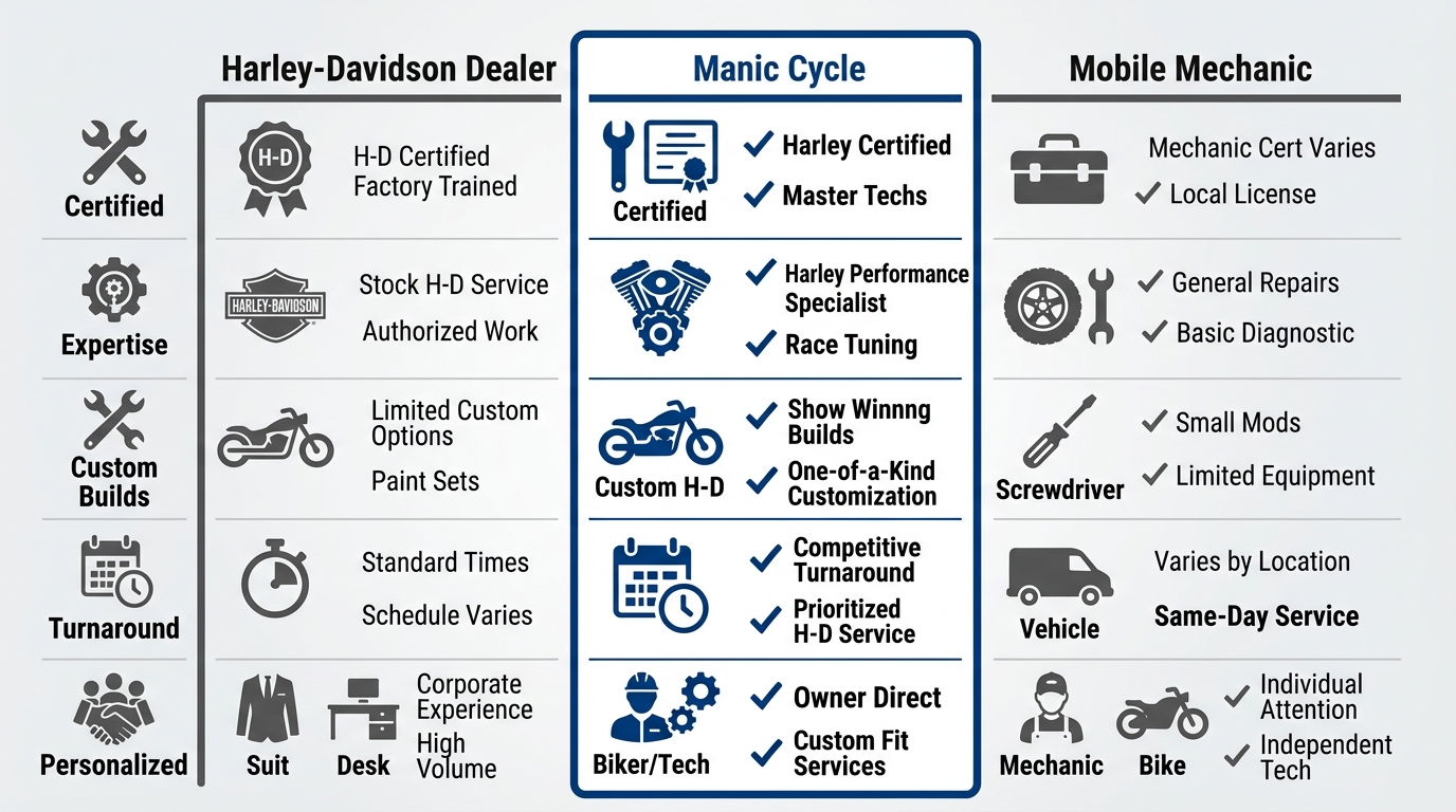 Three-column infographic comparing motorcycle repair services in West Palm Beach, highlighting Manic Cycle's key advantages over a dealer and mobile mechanic across five core service factors.