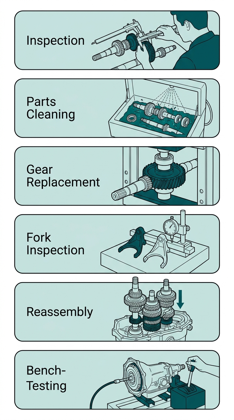 Visual representation of the six main steps involved in a Harley-Davidson transmission rebuild process.
