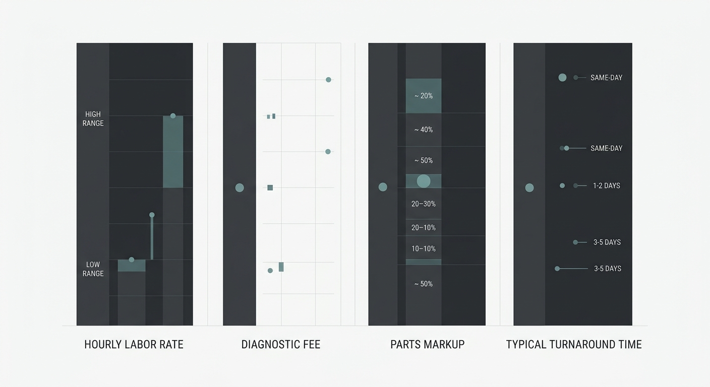 Infographic comparing Harley-Davidson repair costs between a dealership and an independent master shop, covering labor rates, diagnostic fees, parts markup, and turnaround time.