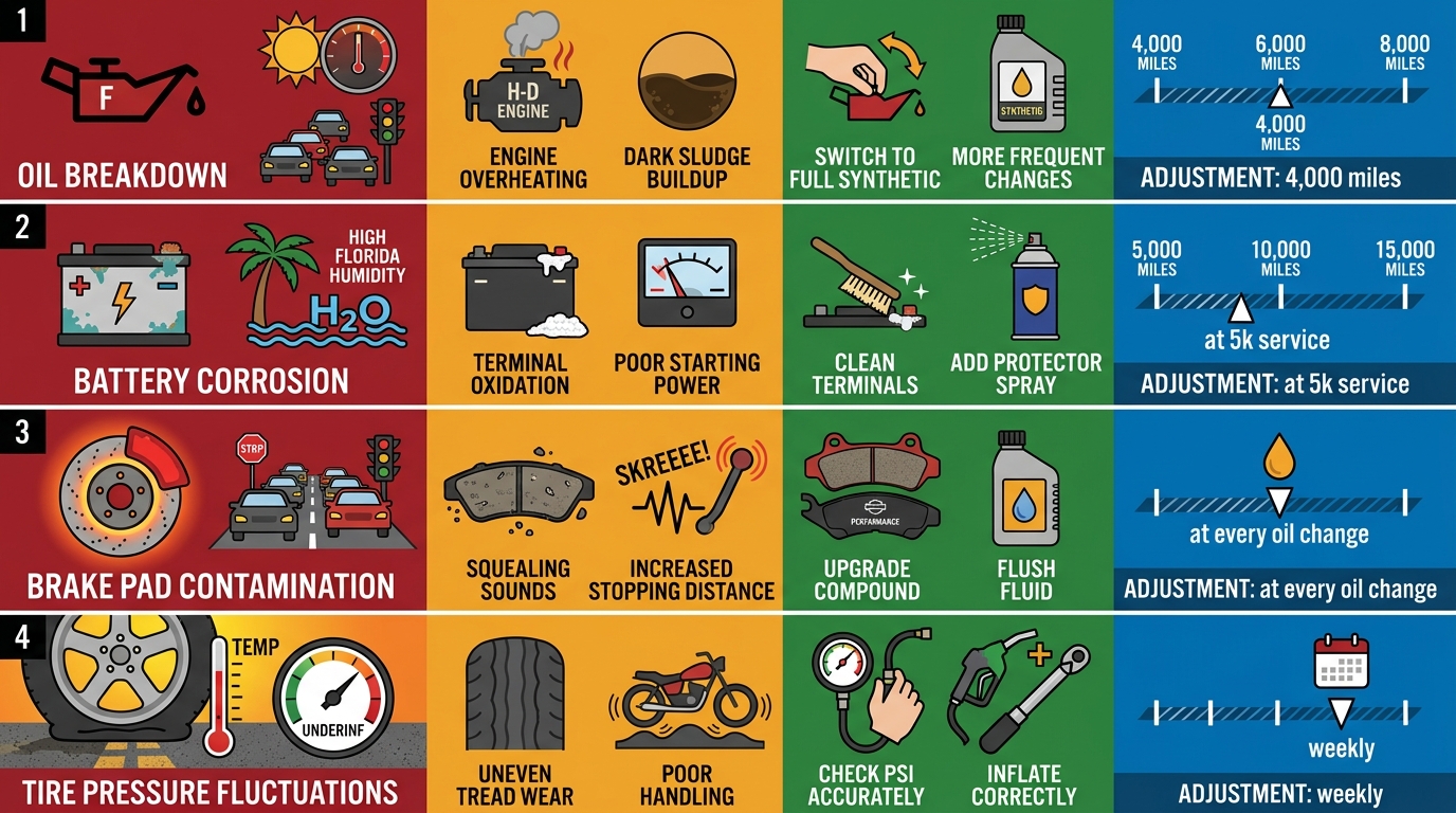 Infographic showing how Florida heat and humidity affect Harley-Davidson Road King motorcycles, with icons for oil breakdown, battery corrosion, brake pad contamination, and tire pressure fluctuations, plus symptoms, actions, and adjusted service intervals.