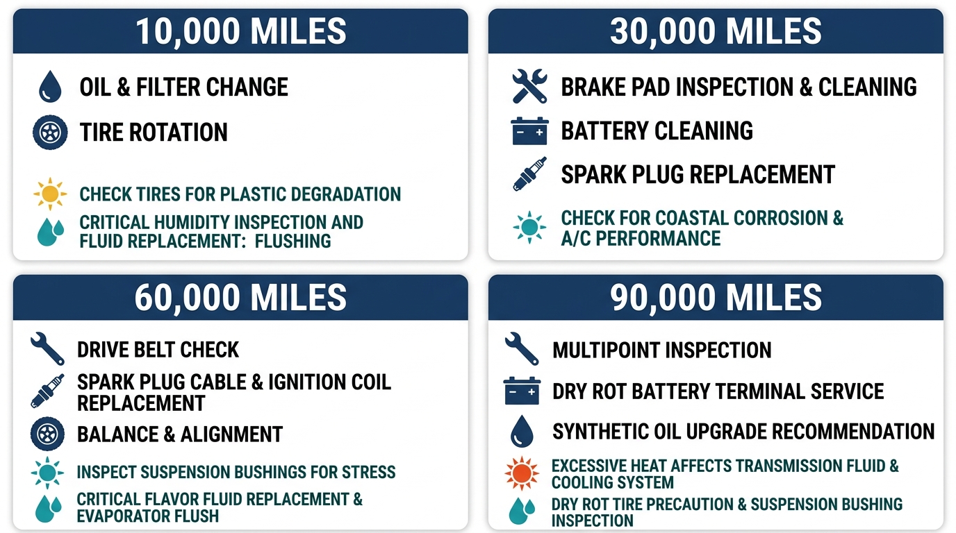 An infographic detailing the four standard service intervals for a Harley Road King in Florida, with icons showing maintenance tasks and climate adaptation notes.