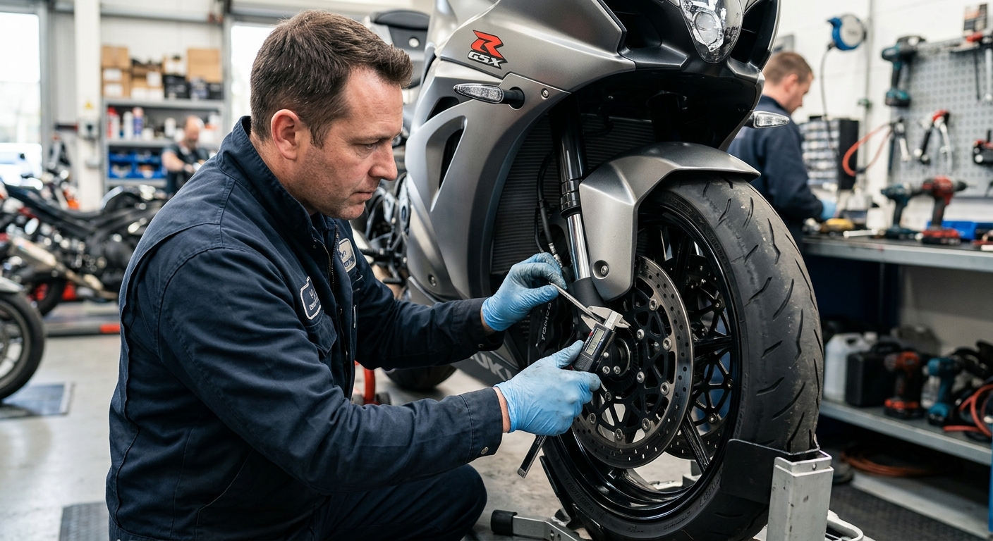 Mechanic inspecting motorcycle front brake and suspension components in service bay
