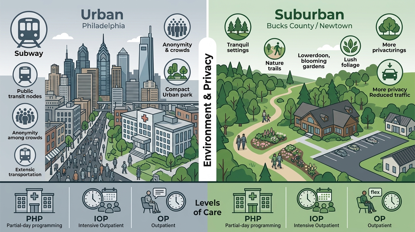 Infographic comparing urban Philadelphia and suburban Bucks County addiction treatment settings, showing environment, privacy, and levels of care.