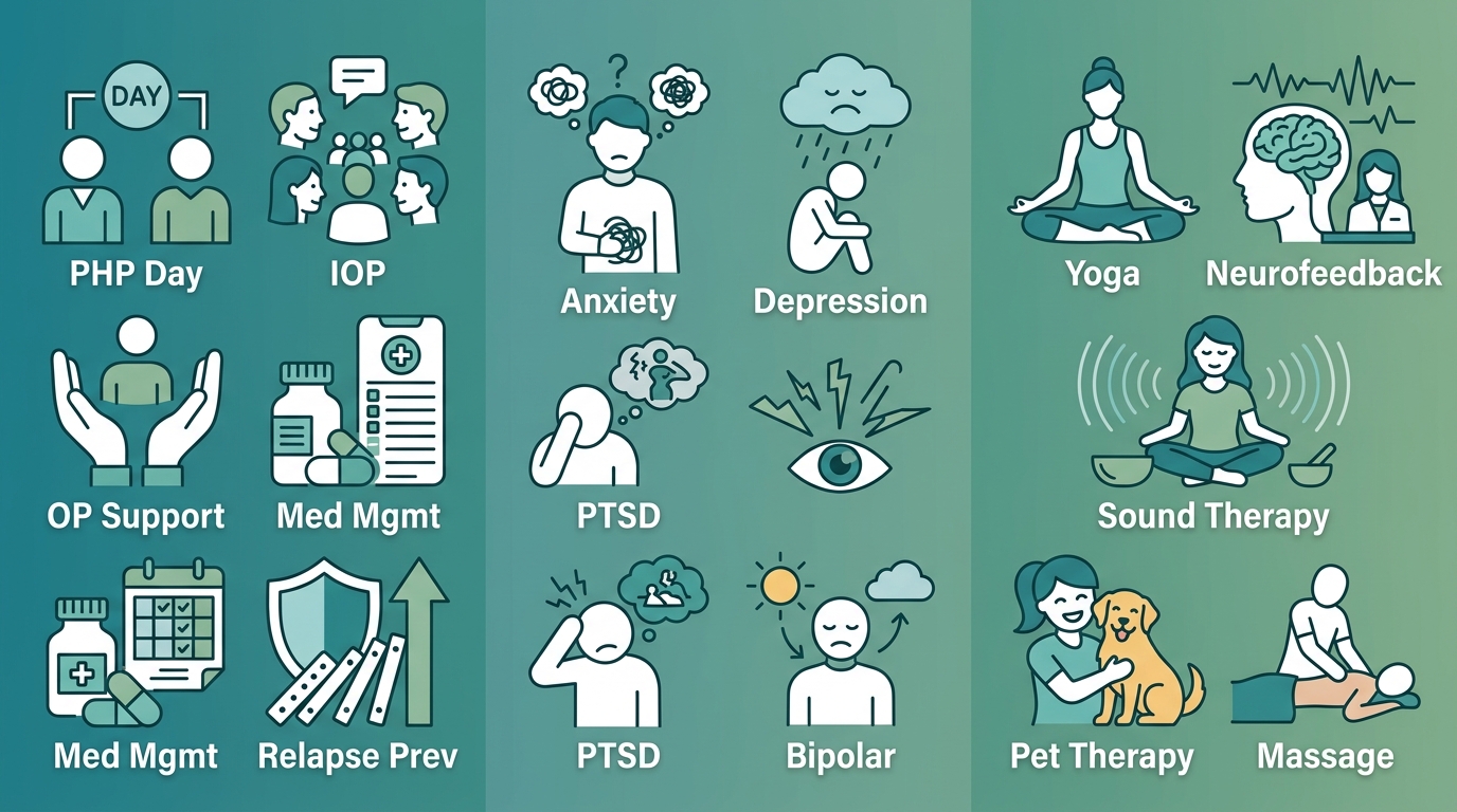 Infographic showing three groups of specialized addiction treatment programs: substance use, co-occurring mental health, and holistic therapies, with icons and short labels, on a teal to sage green gradient.