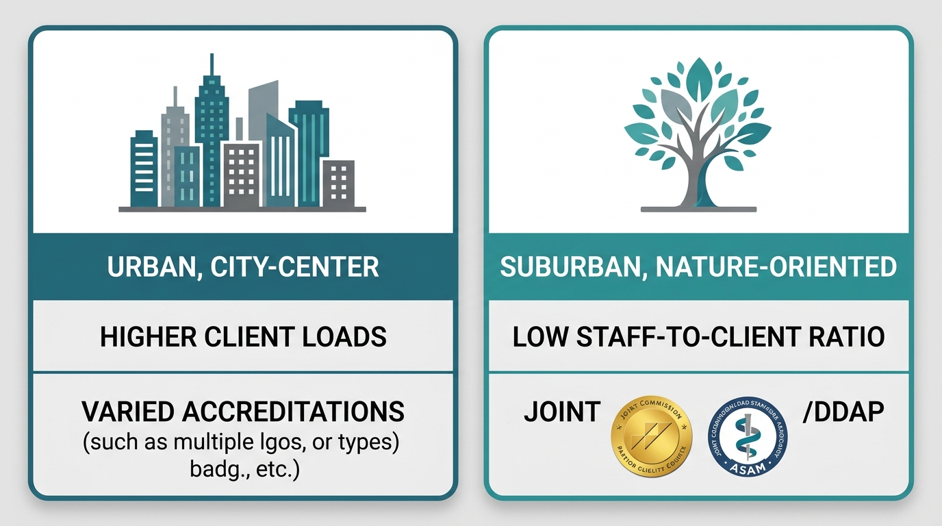 Two-column infographic comparing urban Philadelphia rehab (city skyline, higher client loads, varied accreditations) with suburban Bucks County option (tree, nature-oriented, low staff-to-client ratio, Joint Commission and DDAP badges).