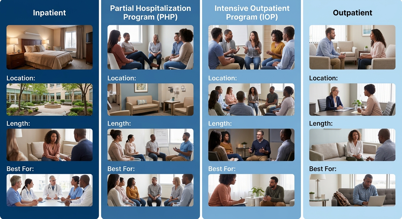 Infographic comparing four substance abuse treatment levels in Bucks County: inpatient, partial hospitalization, intensive outpatient, and general outpatient.