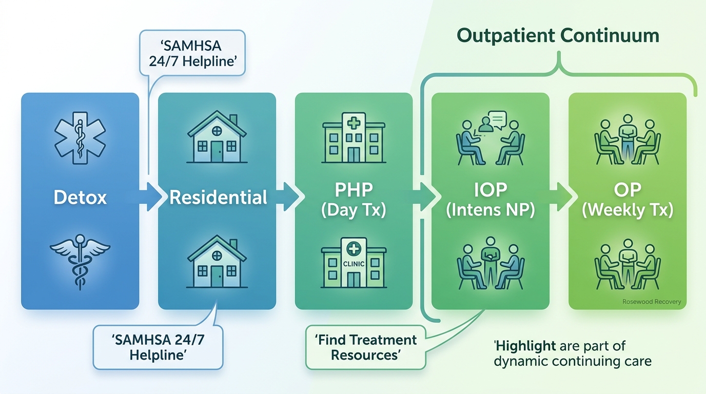 Infographic showing the continuum of substance abuse treatment from detox to outpatient with SAMHSA resource callouts.