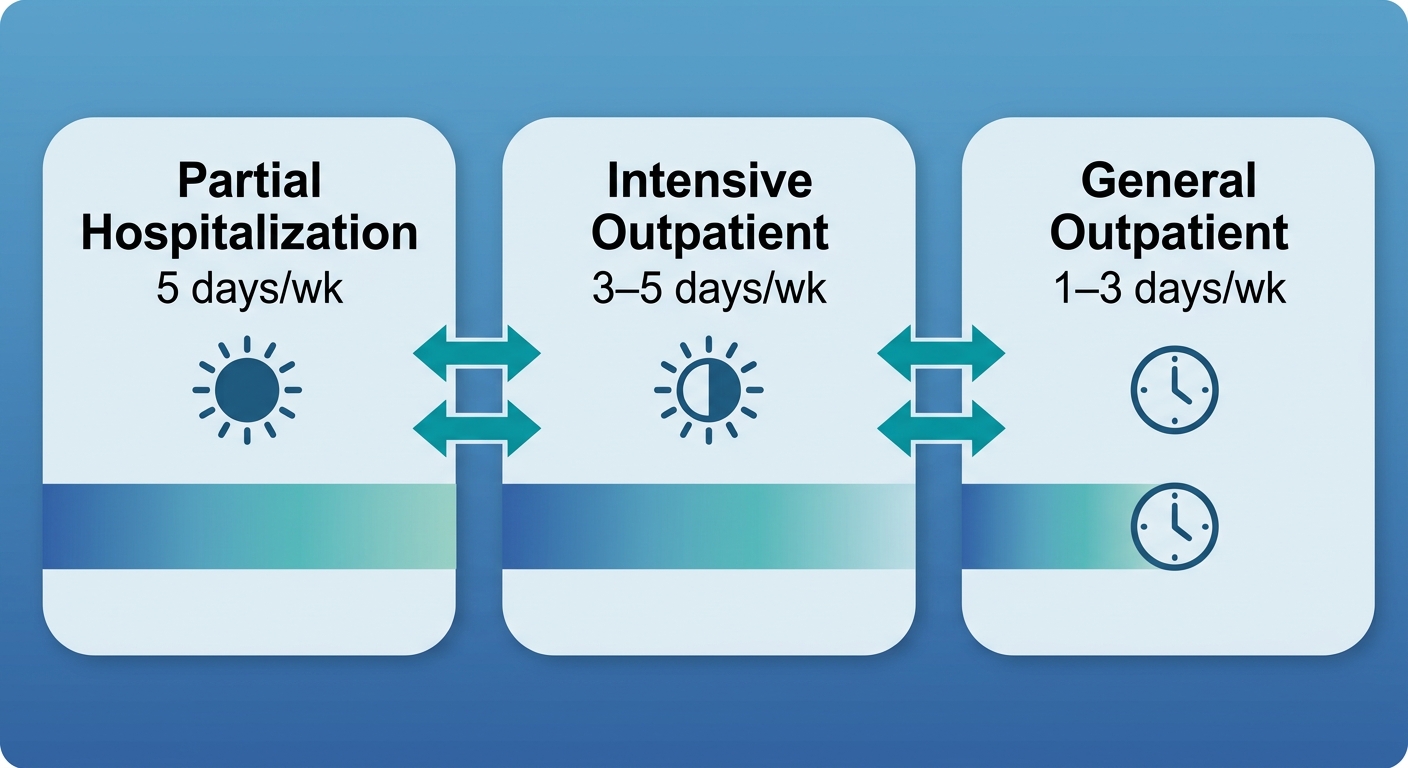 Horizontal process flow showing three connected addiction treatment levels: Partial Hospitalization Program, Intensive Outpatient Program, and General Outpatient Program, connected by arrows in a calming blue gradient layout.