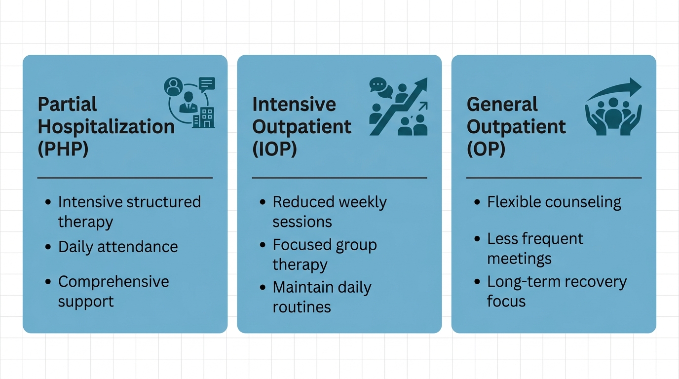A three-column infographic comparing Partial Hospitalization, Intensive Outpatient, and General Outpatient addiction treatment programs, using a clean blue and teal color scheme.