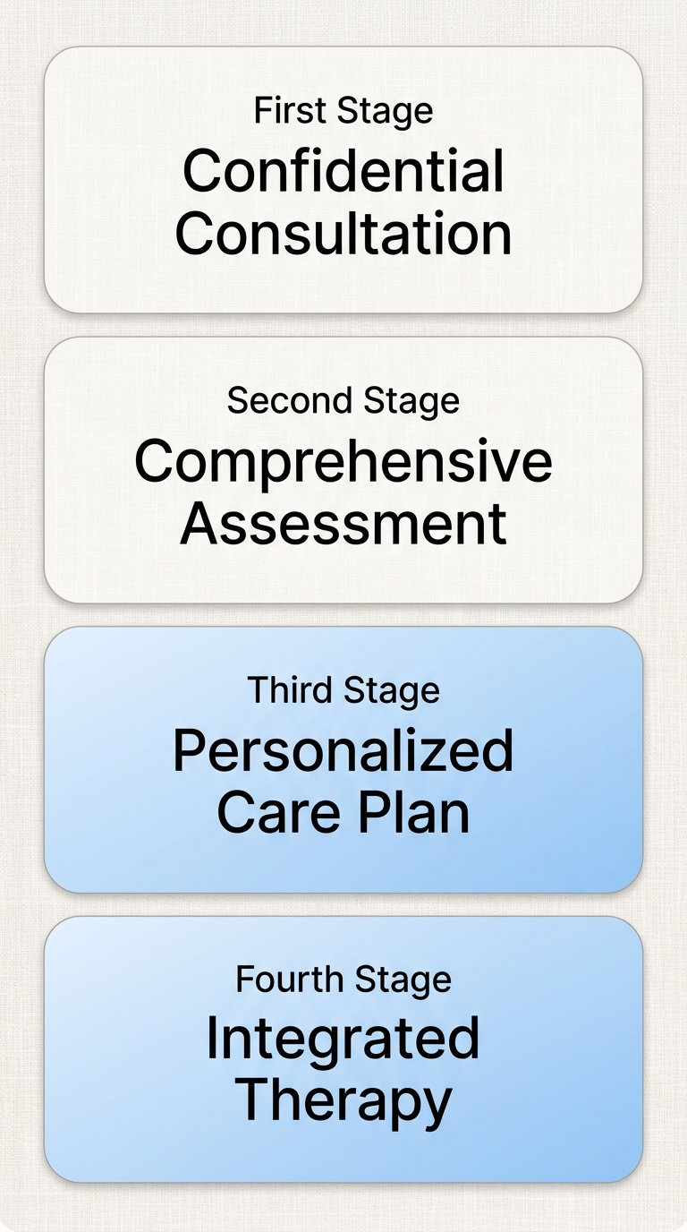 Process flow showing the four steps to begin addiction counseling at Rosewood Recovery in Newtown, Pennsylvania: confidential phone consultation, comprehensive biopsychosocial assessment, treatment team review and personalized care planning, and start of integrated therapy combining individual, group, and holistic services.