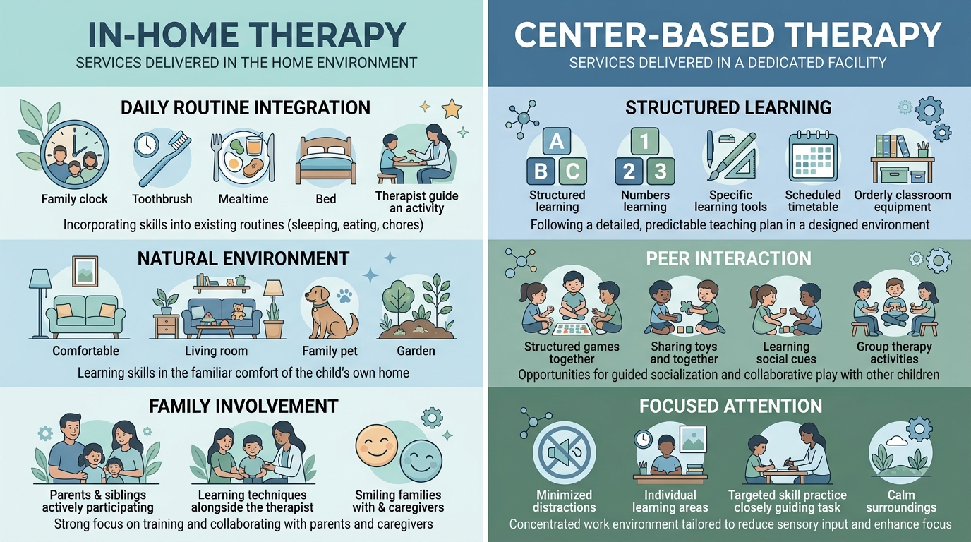 Side-by-side comparison infographic showing in-home versus center-based ABA therapy approaches with icons