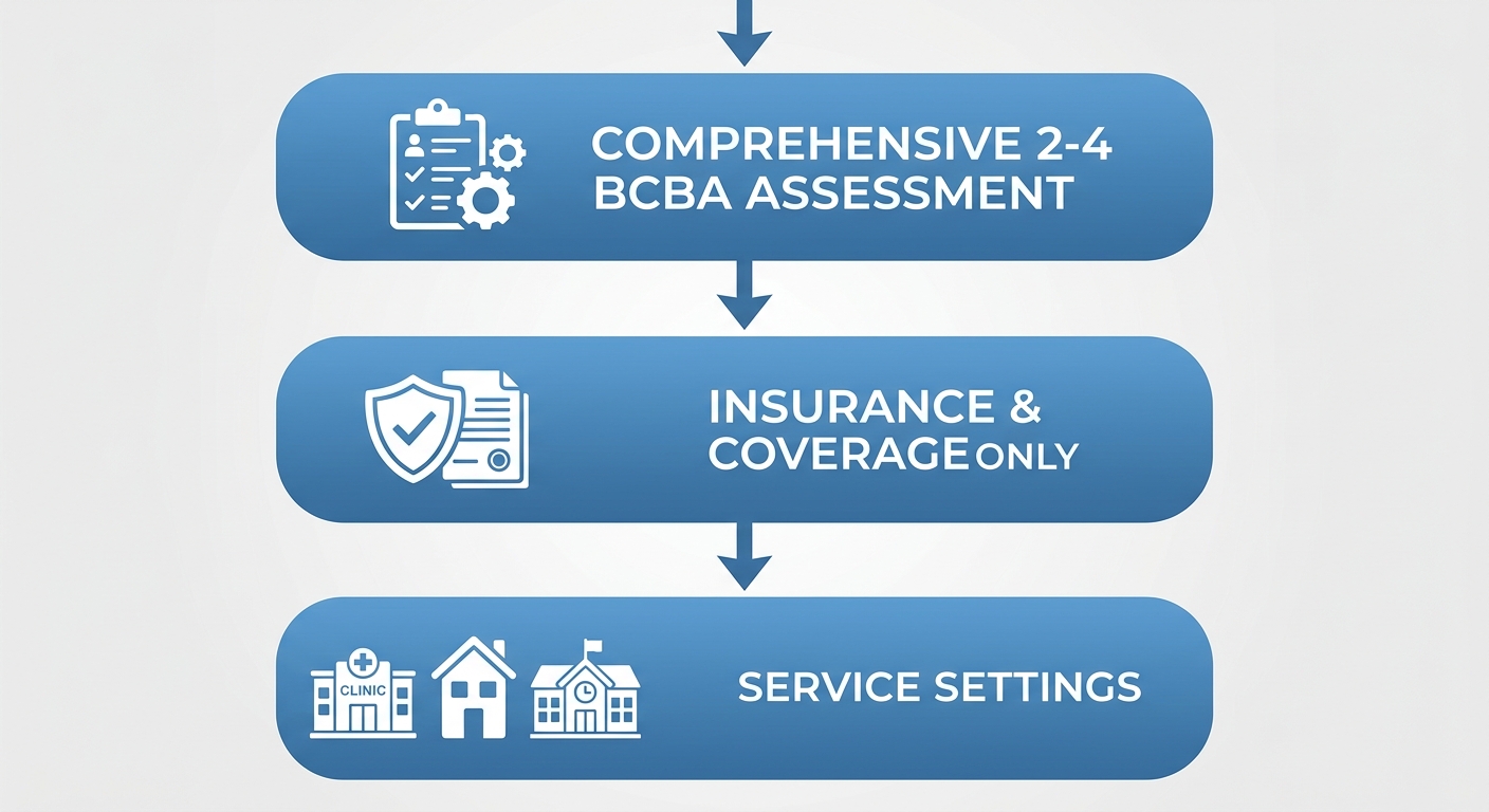 Diagram showing the three steps to start ABA therapy in Raleigh: BCBA assessment, insurance verification, and choosing between in-home, center-based, or telehealth services.