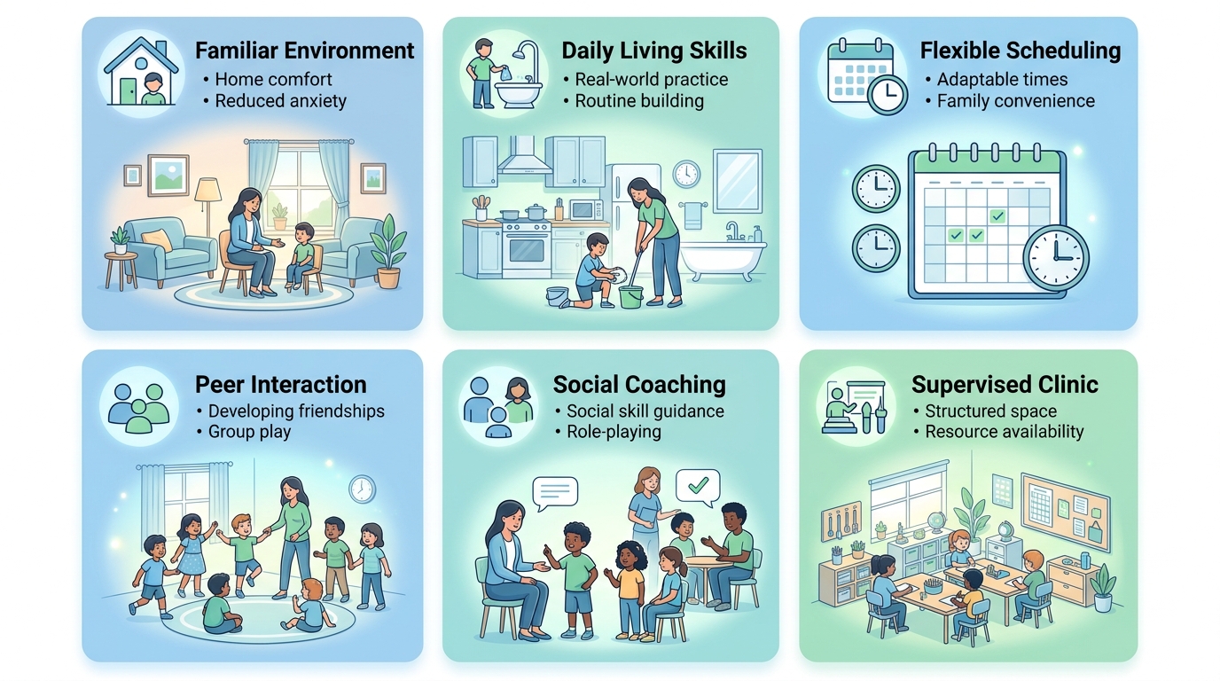 Visual comparison of in-home and center-based ABA therapy options for families in Raleigh, showing key benefits like environment, skills, and scheduling.