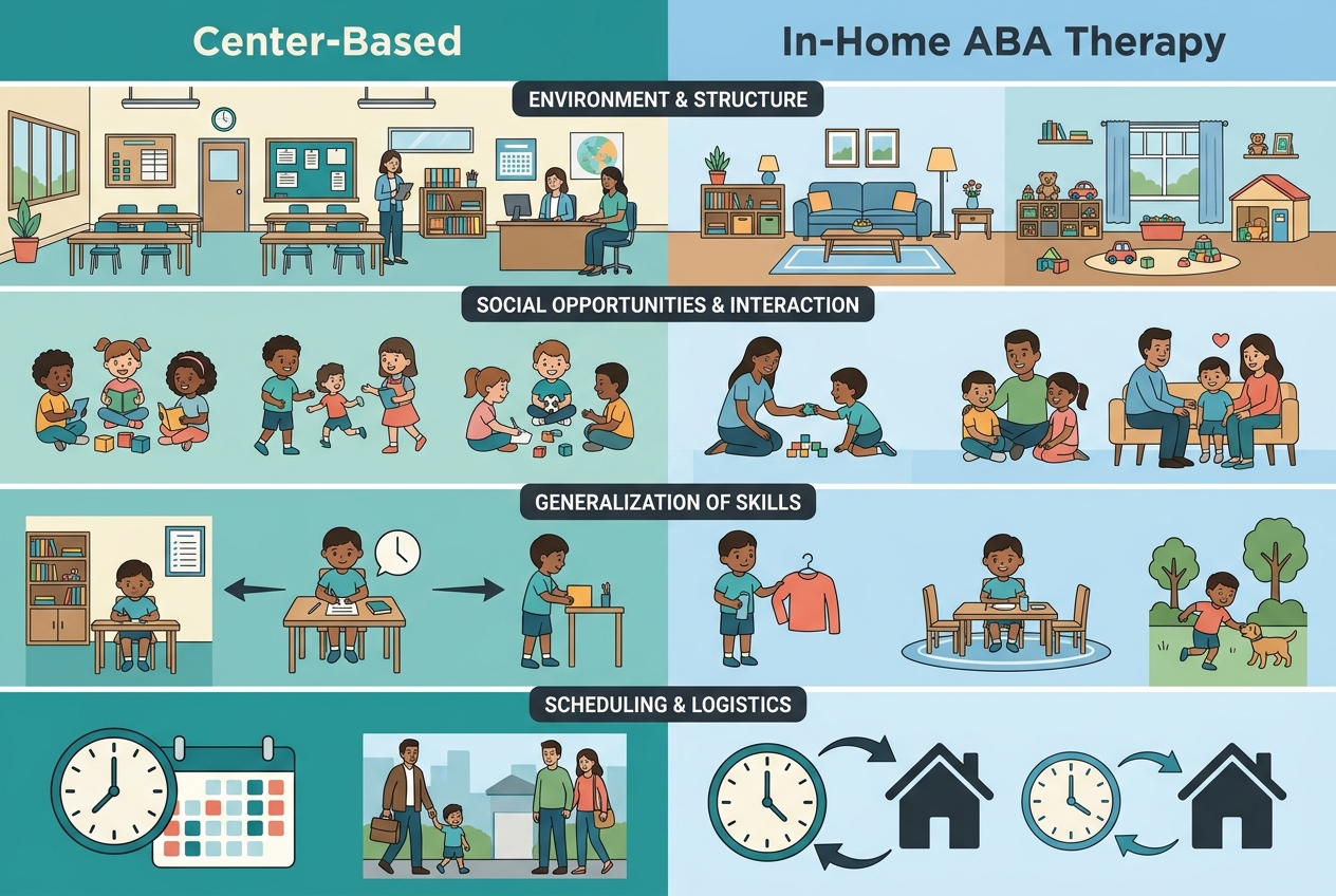 Side-by-side visual comparison matrix detailing the differences between center-based and in-home ABA therapy services for children in Durham, NC.