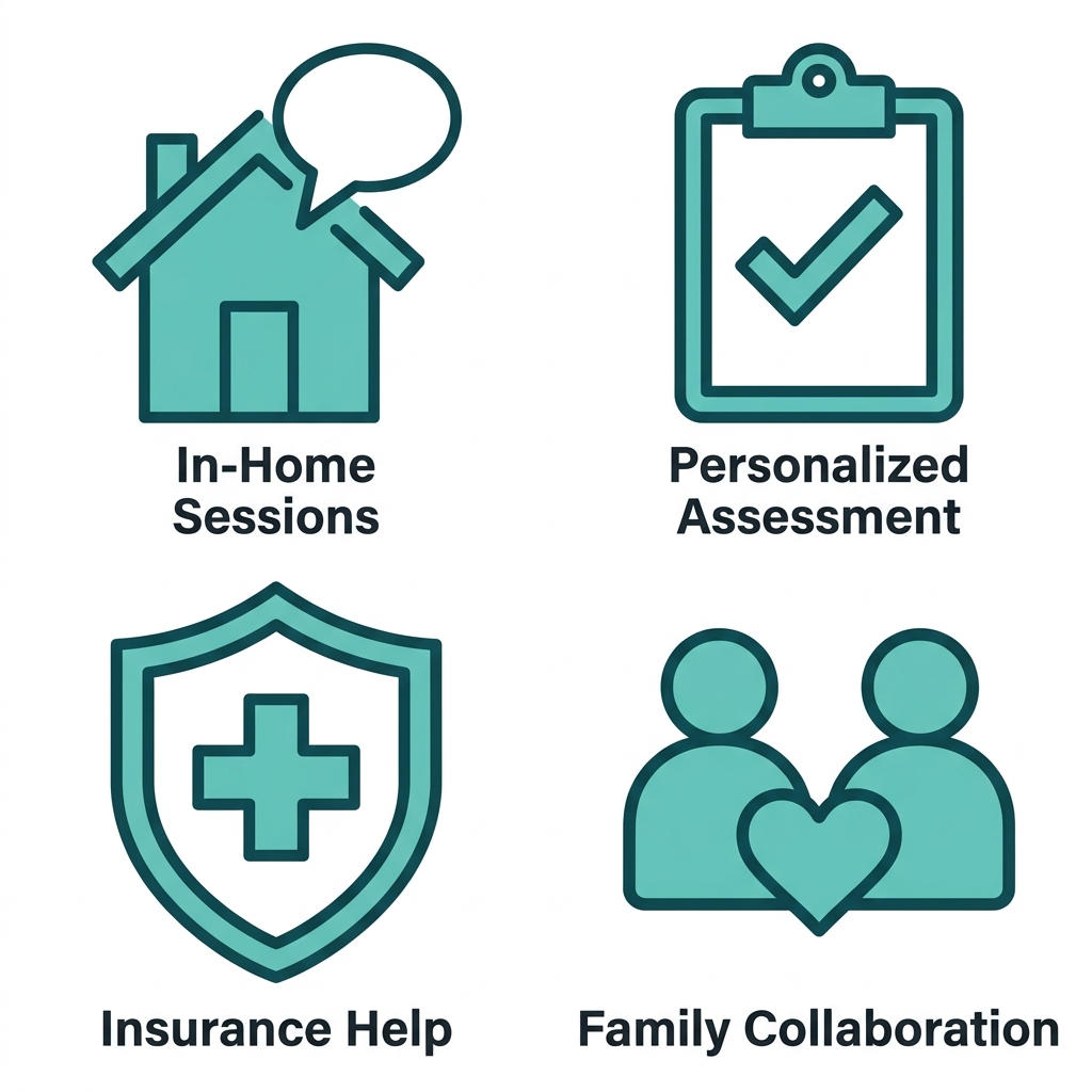 Grid of four teal icons for in-home sessions, personalized assessment, insurance help, and family collaboration in Winston-Salem