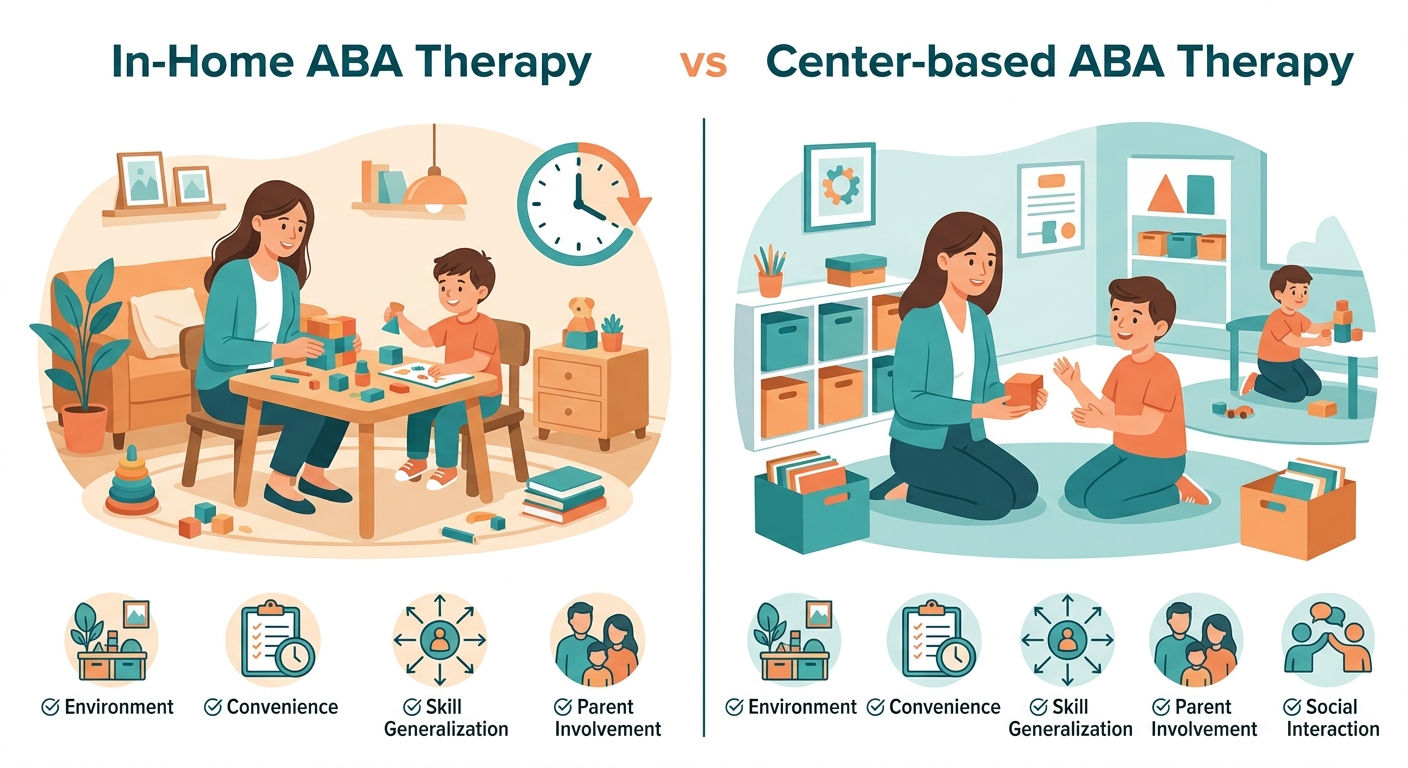 A side-by-side visual comparison of at-home versus center-based ABA therapy settings and their specific benefits, using icons and checkmarks.