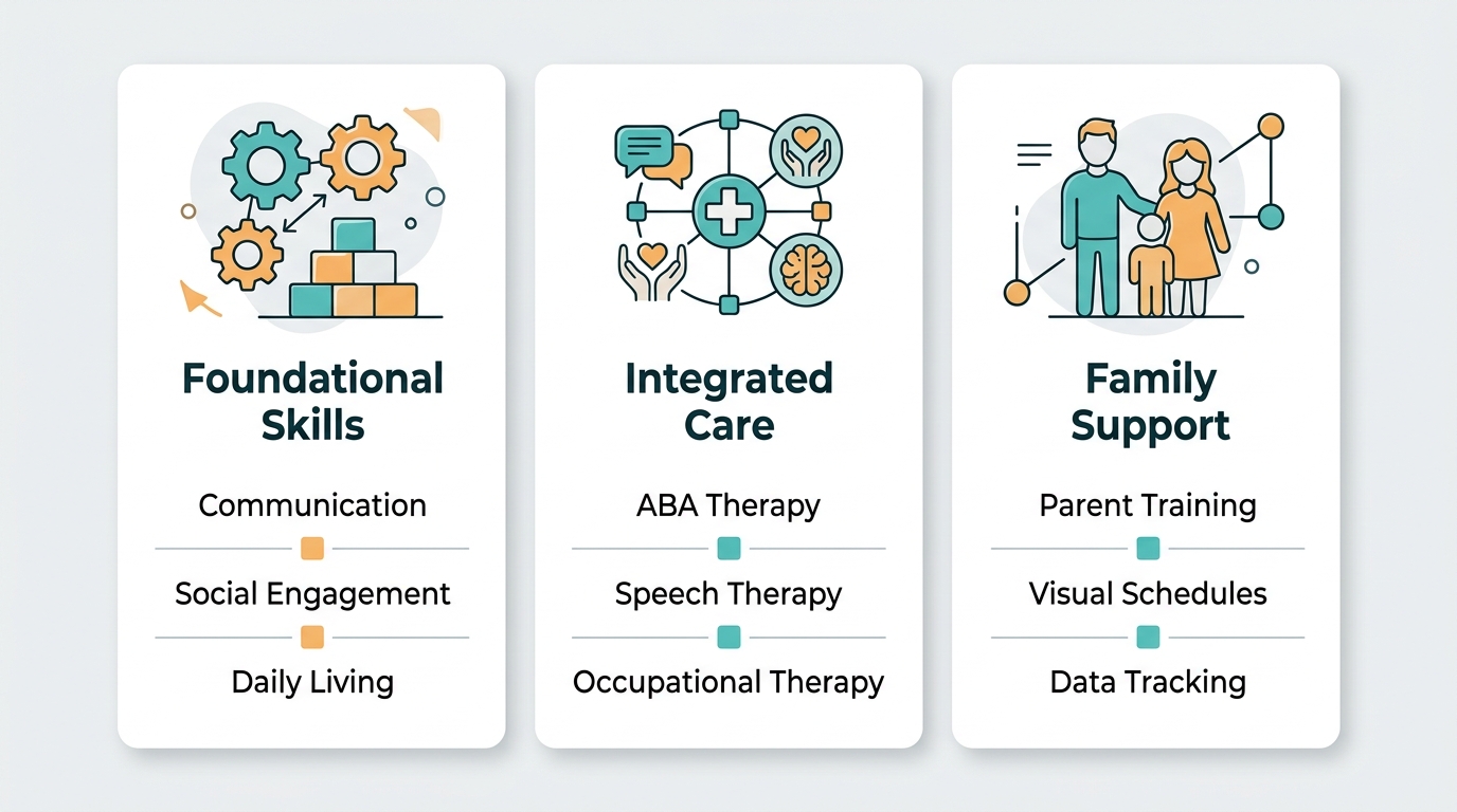 Infographic showing the three pillars of evidence-based ABA therapy: Foundational Skills, Integrated Care, and Family Support.