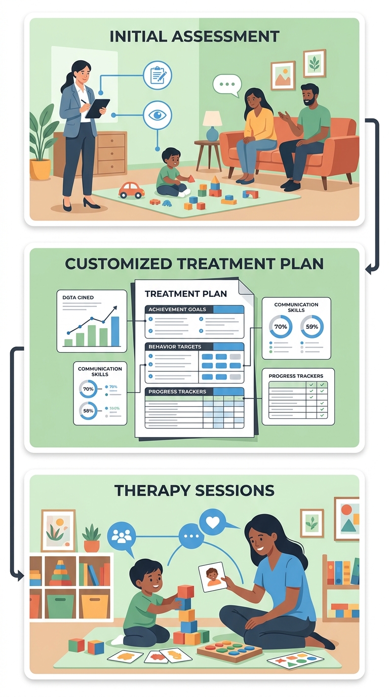 Vertical three-stage process flow diagram for in-home ABA therapy: Initial Assessment, Customized Treatment Plan, and Therapy Sessions.